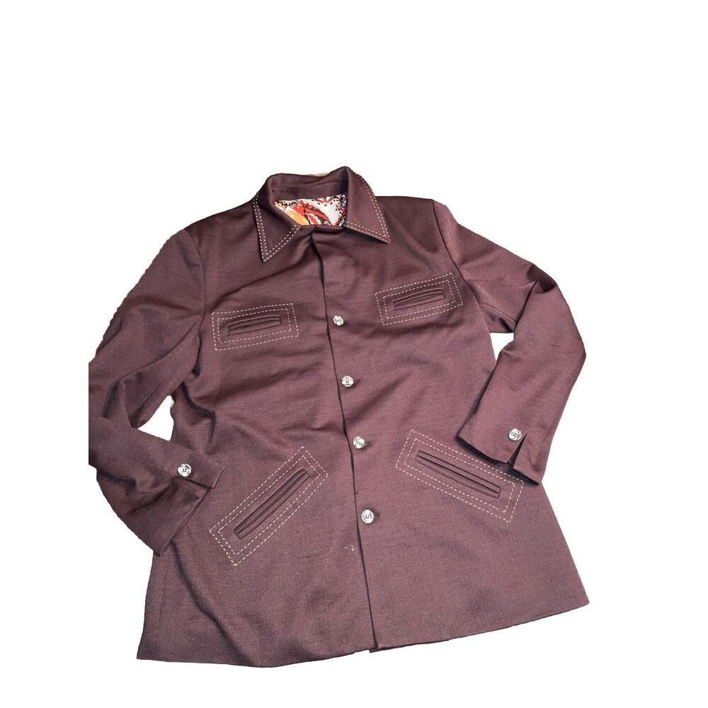 Vintage Jacket Button Up Vtg 60s 70s Polyester Pointed Collar Brown Est M/L